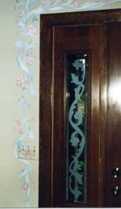 Etched glass door panel and hand painted border